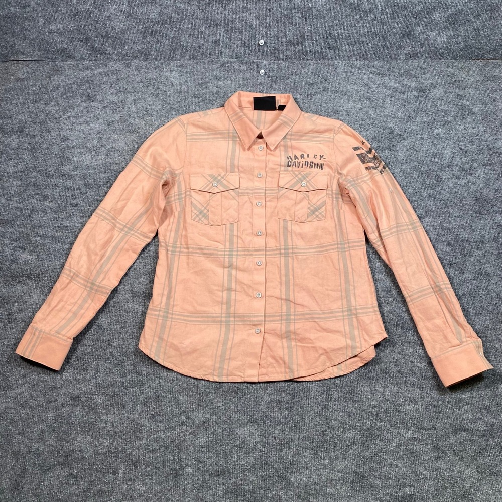 Harley-Davidson Womens Peach Plaid Long Sleeve Button Up Shirt Size M Logo